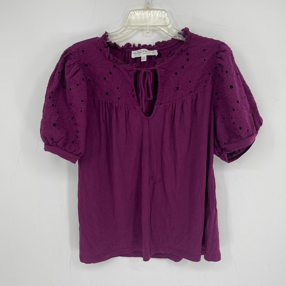 Chelsea & Theodore Women's Purple Eyelet Puff Sleeve Boho Blouse Plus Size 1X